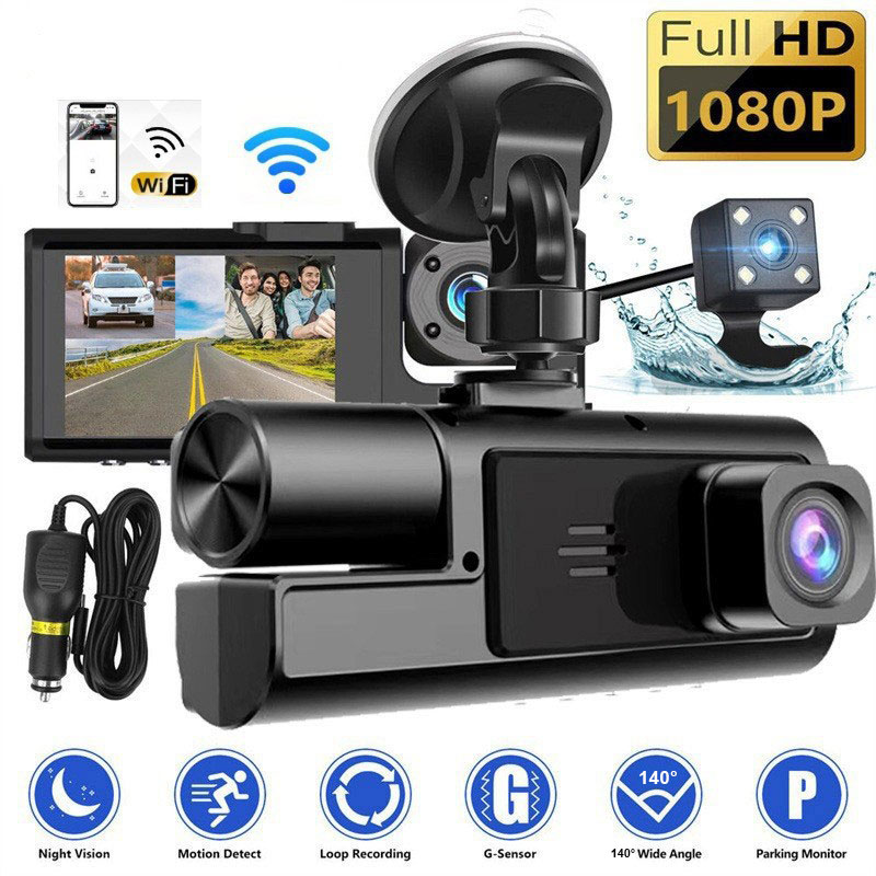 3-Channel Car Dash Cam | 1080P Front, Interior & Rear Driving Recorder (WiFi Available)